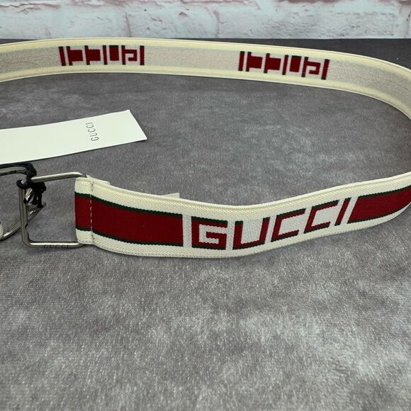 Gucci NWT Mens Logo Stripe Elastic Belt White Red Stretch Fabric 523344 105/42 - Picture 2 of 10
